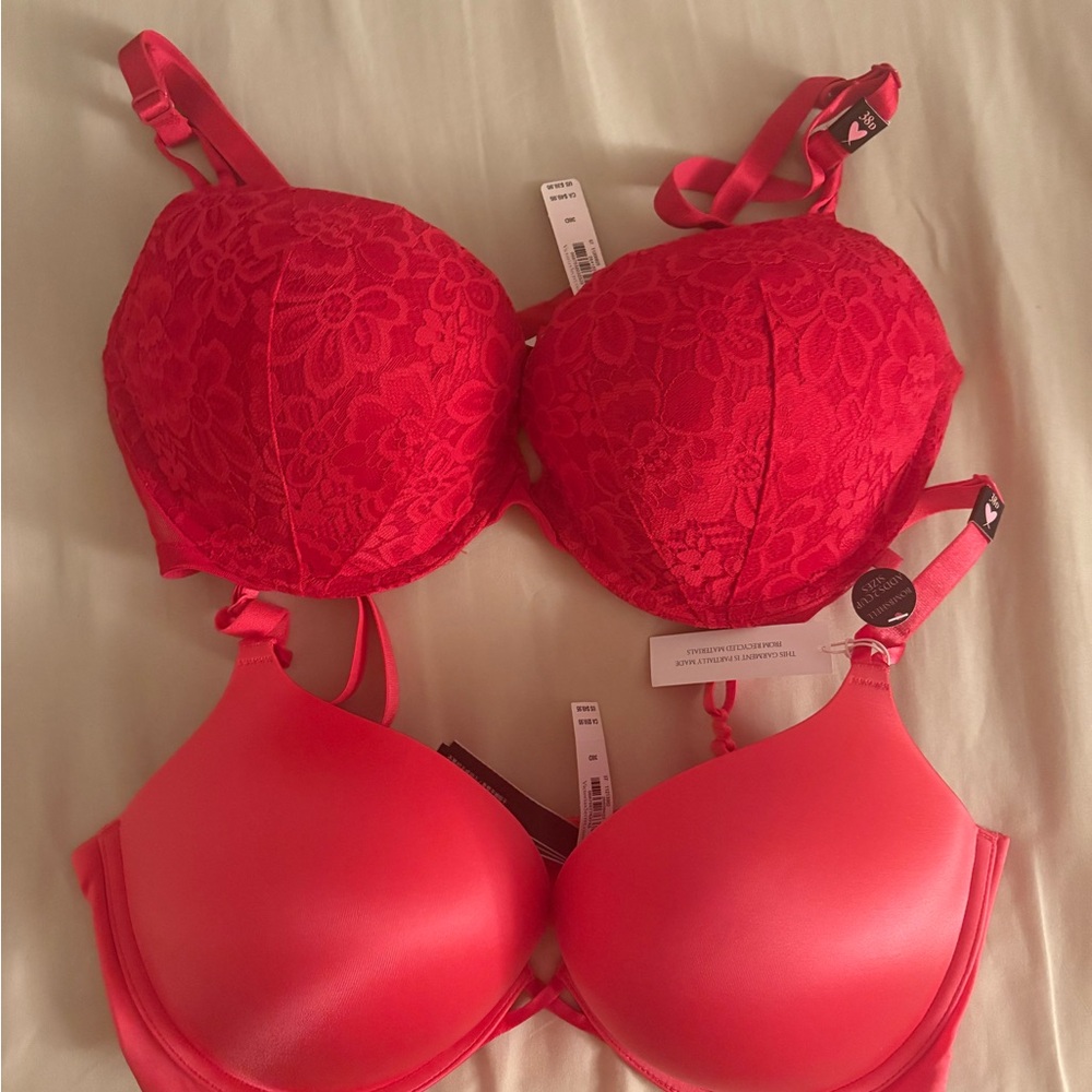 Pair of Victoria's Secret Vibrant Red/hot pink Lace and Satin Bra Duo